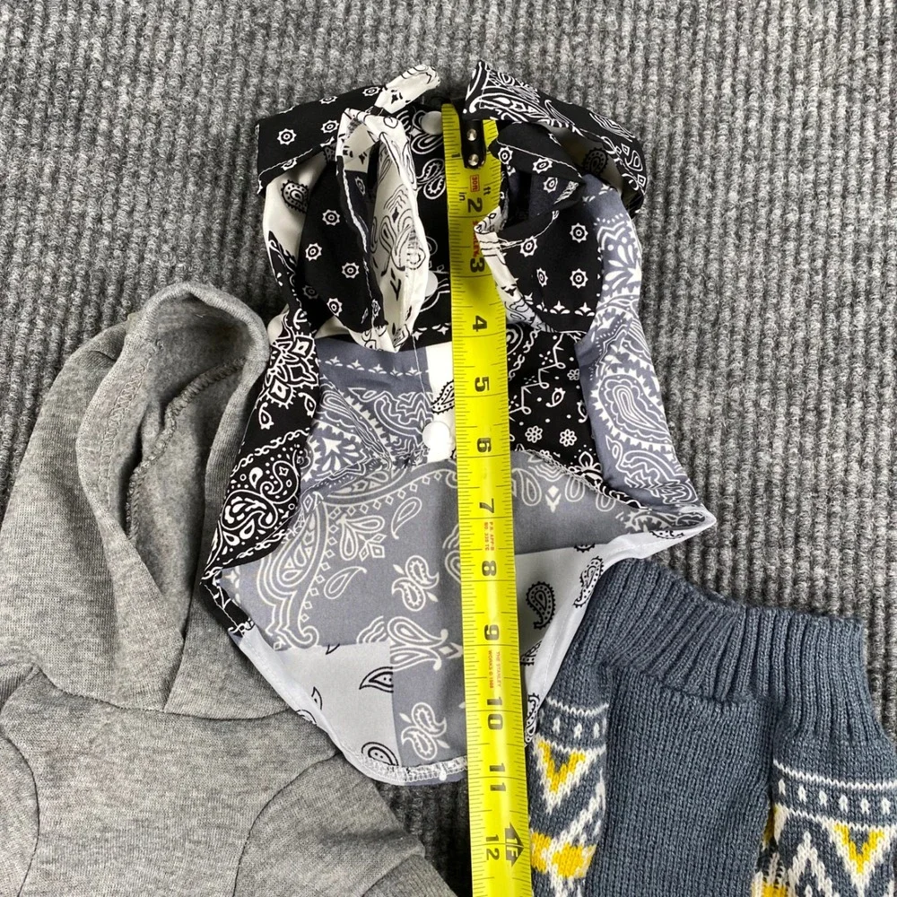 Petsin Small Pet Apparel Bundle Gray Hoodie Bandana Shirt Fair Isle Sweater 3pc